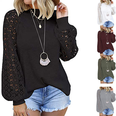 2022 European and American Foreign Trade Cross-Border Women's Clothing Amazon Popular round Neck Long Sleeve Lace Stitching Loose T-shirt