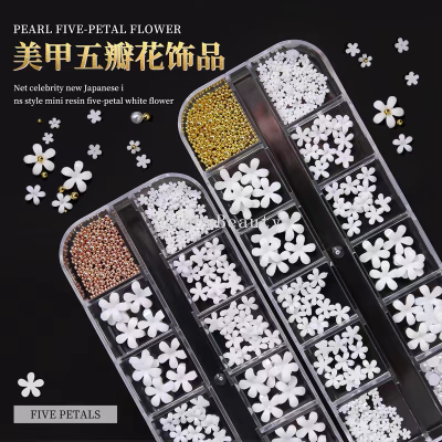 Celebrity 12 Grid Box Five Petal Flower Steel Ball Pearl White Flower Three-Dimensional Size Mixed Nail Ornament