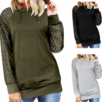 2022 European and American Foreign Trade Cross-Border Women's Clothing Amazon Popular Hooded Drawstring Stitching Lace Long-Sleeved Sweater
