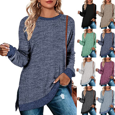 Cross-Border European and American Women's Clothing Amazon Independent Station Long Sleeve round Neck Multicolor Split Top Loose Leisure Pullover T-shirt