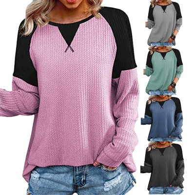 2022 European and American Foreign Trade Cross-Border Women's Clothing Amazon Hot Products Crisscross Neckline Patchwork round Neck T-shirt Raglan Sleeve Long Sleeve