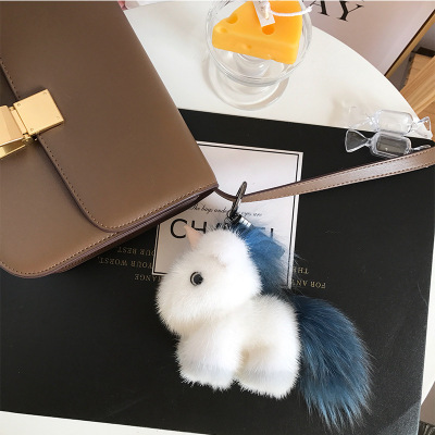 Mink Fur Unicorn Key Pendants Fur Bag Pendant Cute Plush Doll White Pony Keychain Female