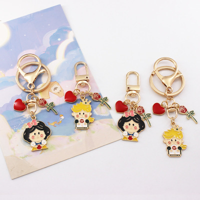 Cartoon Little Prince Princess Keychain Rose Love Pendant Alloy AirPods Ornaments U Disk Bag Lanyard