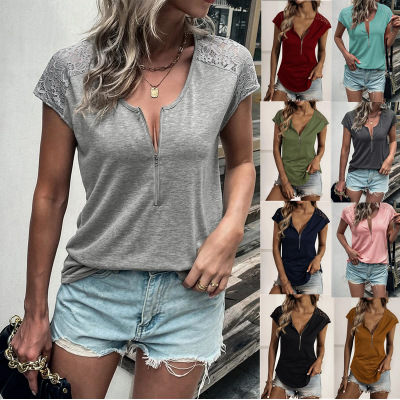 2022 European and American Foreign Trade Cross-Border Women's Clothing Amazon Popular round Neck Half Zipper Stitching Lace Short Sleeve T-shirt