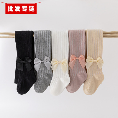 Autumn New Baby Girl Vertical Stripe Pantyhose Pure Cotton Socks Bow Leggings Korean Style Girls Dance Socks