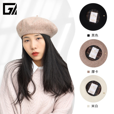 Autumn and Winter Wool Plaid Lining Beret Artistic Retro Metal Decoration Painter Cap Fashionable Warm Hat in Stock