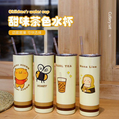 Factory Customized Double-Layer Stainless Steel Coffee Thermos Cup 20Oz Tumbler Cup Creative Milk Tea Cup with Straw