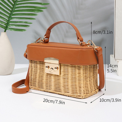 Straw Bag New Girls Woven Bag Japanese Style Simple One Shoulder Crossbody Square Bag Portable Rattan Straw Bag Factory Supply