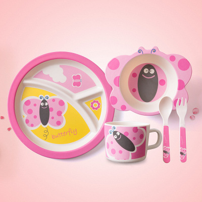 Bamboo Fiber Grid Children's Dinner Plate Baby Cartoon Baby Tableware Set Solid Food Bowl Spoon Set Customizable
