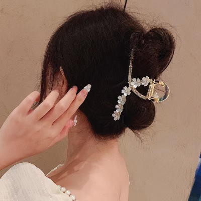 Korean Elegant Metal Grip Female Flower Hairpin Summer Super Fairy Shark Clip Rhinestone Hair Accessories Back Head Hairpin