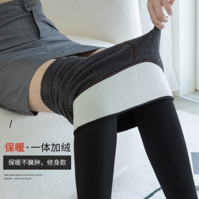 Clearance Winter Cotton Waist One-Line Leggings Fleece-Lined Thickened Cropped Black Leggings Leather Pencil Pants 420G