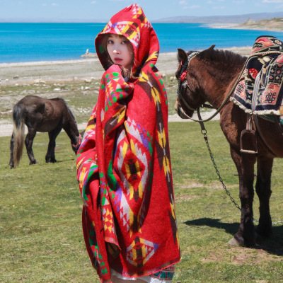 Ethnic Style Hooded Cloak Shawl Female Winter Thickening Warm Tea Cali Jiangxi Tibetan Travel Red Hooded Cloak