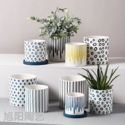 Nordic Flower Pot Ceramic Creative Personality Multi-Color Ins Pattern Simple Small Flower Pot Living Room Balcony Home