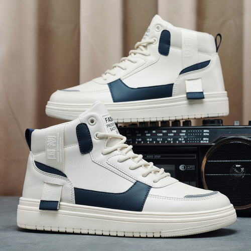 autumn 2022 new leather high-top casual white shoes youth trendy versatile sports colorblock board shoes men‘s shoes