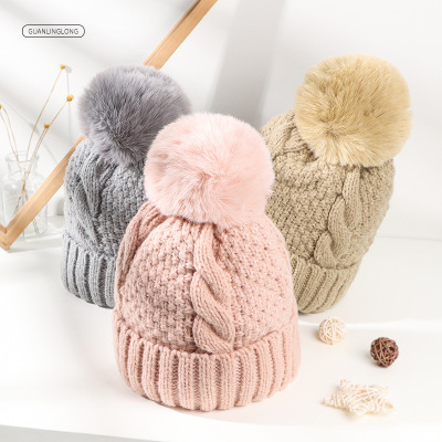 Autumn and winter new hat, wool ball, thickened coarse wool knitting hat, warm insulation, plush ear protector, head cap