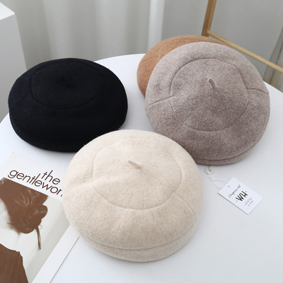 Big Head Circumference Beret Women's Autumn and Winter Wool Painter Cap Artistic Face-Looking Small Beret Thickened Three-Dimensional Pumpkin Hat