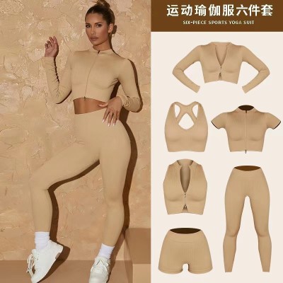 Women's Yoga Clothes Sportswear Six-Piece Set Bra Vest Short-Sleeved Shorts Long-Sleeved Trousers Foreign Trade Sports Suit