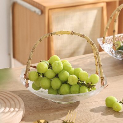 Creative Simple Glass Fruit Plate Portable Bamboo Rattan Fruit Basket Living Room Coffee Table Candy Snack Dish Transparent Fruit Plate