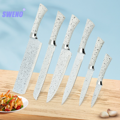 In Stock Wholesale New Double-Sided Suction Coating Spray Rubber and Plastic Horseshoe Handle Wave Pattern Stainless Steel Kitchen Knife Five-Piece Set