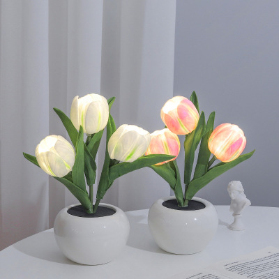 INS Simulation Tulip Led Pot Decoration Creative Living Room Hallway Home Artificial Flower Fake Flower Pot Small Bonsai