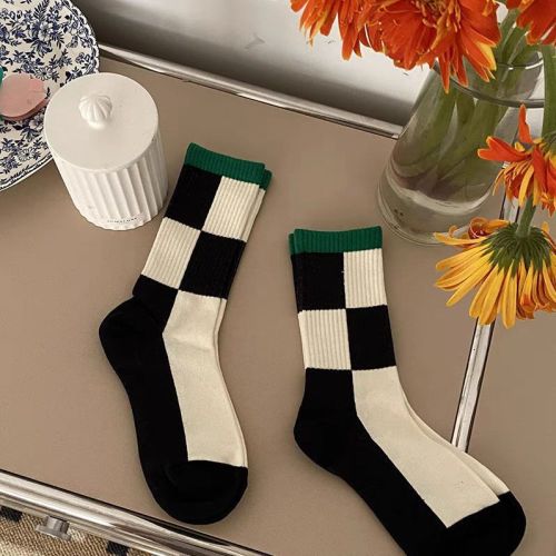 south korea dongdaemun same style green trendy mid-calf socks men‘s checkerboard plaid street sports cotton socks smiley girls stockings