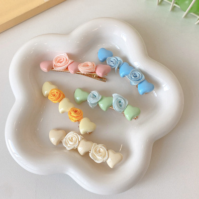 Cream Love Heart-Shaped Hairpin Cute Flowers Small Clip Headwear Summer Little Fresh Side Hairpin Bangs Color Clip