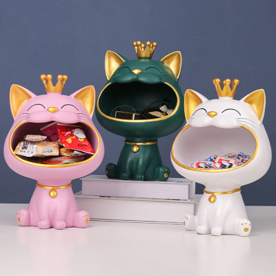 Nordic Ins Cartoon Big Mouth Crown Cat Storage Resin Decorations Creative Living Room Hallway Home Decorations