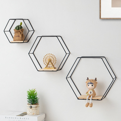 Wholesale Simple Iron Hexagonal Storage Rack Home Living Room Wall Decoration Wall Hanging Storage Organize the Shelves