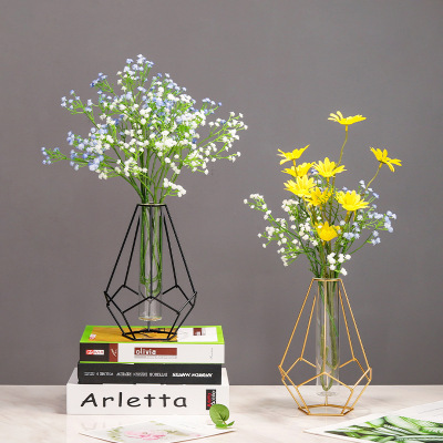 Nordic Ins Wrought Iron Geometric Transparent Glass Decorative Vase Home Desktop Dried Flower Plant Flower Arrangement Vase Ornaments