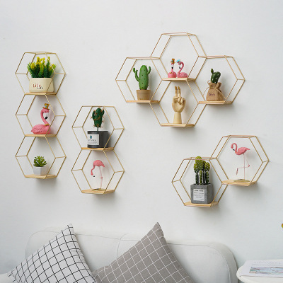 Iron Nordic Wall Decorations Ins Home Bedroom Dining Room Wall Pendant Room Hexagonal Shelf Wall