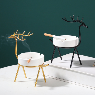 INS Personality Deer Elk Ceramic Ashtray Nordic Light Luxury Golden Office Home Windproof Ashtray
