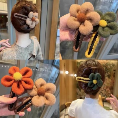 Winter Plush Flower Barrettes Female Back Head Updo Hair Claw High Sense Single Line Clip Duckbill Shark Clip Headdress