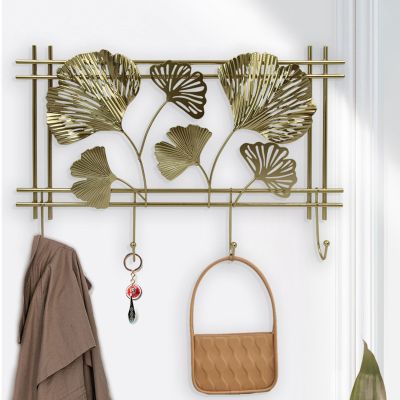 Light Luxury Ginkgo round Mirror Wall Hanging Hallway Coat Rack Key Holder Kitchen Wall Storage Metal Wall Hanging