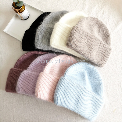 OEM wholesale plain colorful winter warm custom knitted Rabbit hair straight hat for man and female