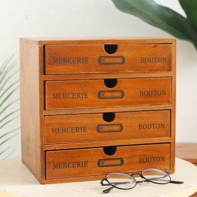 Wholesale Zakka Vintage Solid Wood Four-Layer Drawer Office Desktop Storage Cabinet Home Sundries Storage Box