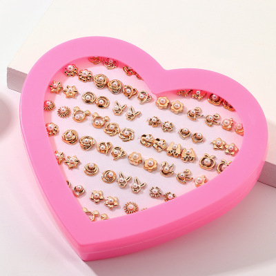 Ez2449 Metal Inlaid Pearl Earings Set Korean Candy Flowers 36 Pairs Love Heart Boxed Earrings Ear Studs Wholesale