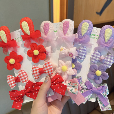 New Children's Rabbit Ears Barrettes Cute Baby Flower Bow Tie Hairpin Sets Little Girl Side Bang Clip