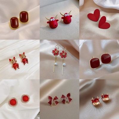 Love Heart Earrings Korean Flower Pearl Red Earrings Autumn and Winter Temperament Silver Ear Studs Wholesale Earrings