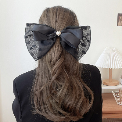 Oversized Black Lace Barrettes Back Head Spring Clip Bow Headdress Heart Shape Rhinestone Female Headdress Flower