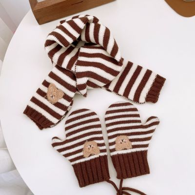 Child Bear Striped Knitted Scarf Gloves Set Boys and Girls Warm and Cute Coffee Color Series Gloves Scarf