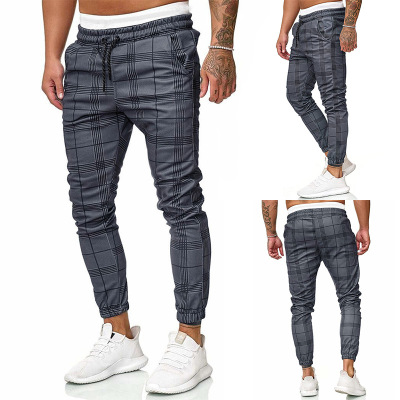 Foreign Trade Men's Plaid Trousers European and American Sports Pants Mid-Waist Feet Drawstring Casual Pants