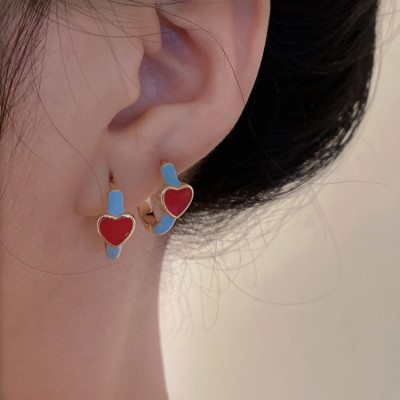 Ancient Design Niche Stylish and Unique Ear Ring Red Oil-Spot Glaze Love Heart Earrings Cold Wind Buckle Circle Earrings