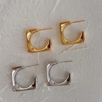 Geometric Square Metal Stud Earrings Sterling Silver Needle Women's Retro Simple Fashion All-Match Cold Style Ear Rings