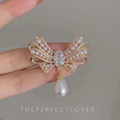 Bow Pearl Zircon Brooch Korean Style Retro and Fashion All-Matching Corsage Pin Suit Coat Overcoat Accessories