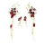 New Bridal Headdress Wine Red Flower a Pair of Hairclips Earrings Set Rhinestone Tassel Hairpin Toast Clothing Ornament