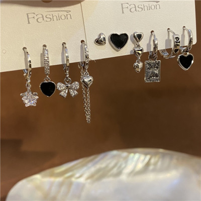 Niche Black Love Heart Bow Tie Tassel Ear Ring Set Earrings Women's Light Luxury Design Sense Ear Clip Graceful Earrings