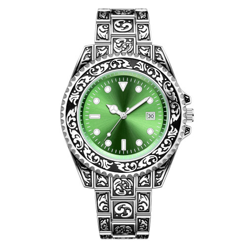 Hot Selling Men‘s Vintage Carved Pattern Steel Belt Dial with Calendar Quartz Watch in Stock One Piece Dropshipping