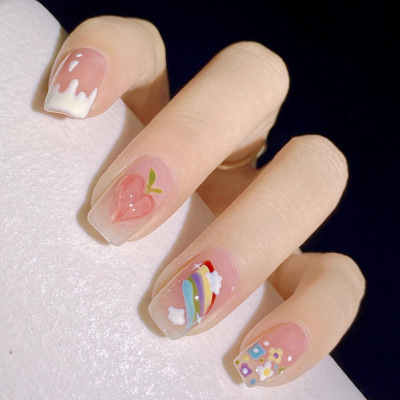 Japanese and Korean New Style Wear Nail Cute Style Student Finished Product Nail Tips Rainbow Peach Jelly Glue Nail Patch