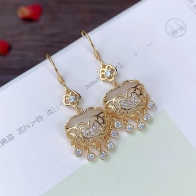 2022 New Opal Lock of Good Wishes Earrings Diamond Ear Hook Women's Korean-Style Simple All-Match Vintage Earrings Necklace Fashion