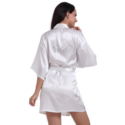 Foreign Trade Women's Clothing Thin Satin Silk Nightgown Women's Rhinestone Bridal Cardigan Gown